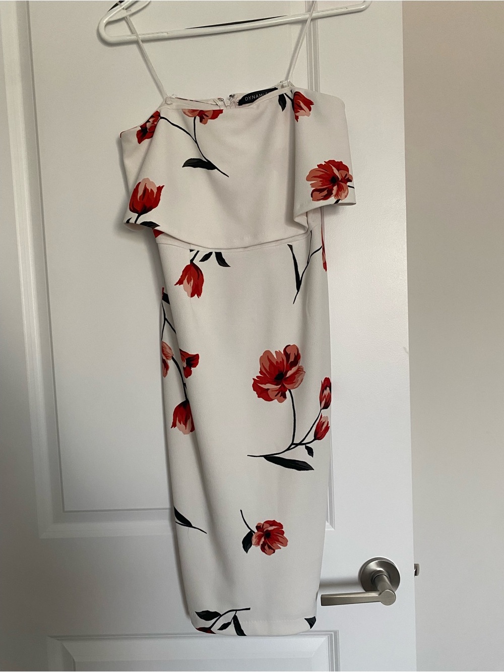 Dynamite Strapless White Dress with Red Floral Print